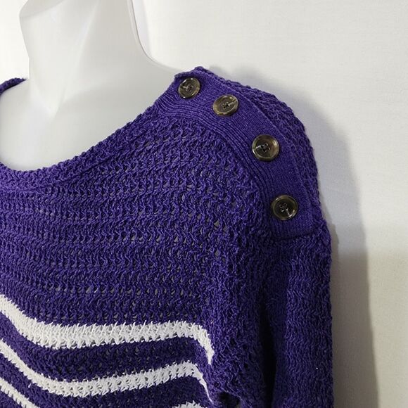 Ann Taylor Loft Womens Sweater Small Purple Ivory Striped Linen Blend Open Knit - Picture 4 of 10